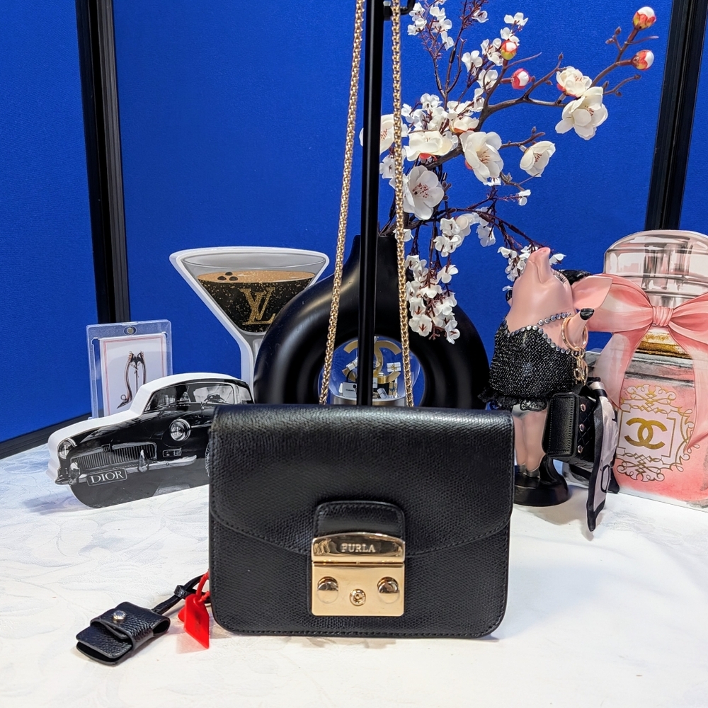 Furla Mini Metropolitan Textured Black Leather Crossbody Bag with Gold Hardware